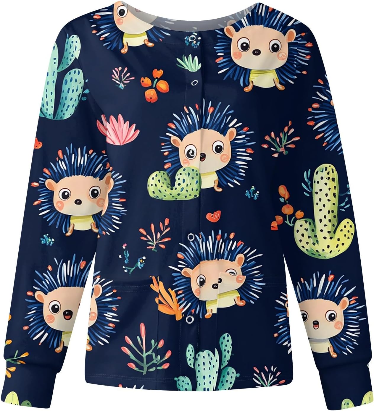 UOFOCO Womens Cute Cartoon Print Scrub Coat Plus Size Cozy Lightweight Medical Uniforms Jackets Nurse Vet Pediatric 2025 Nursing Jackets for Women Blues L