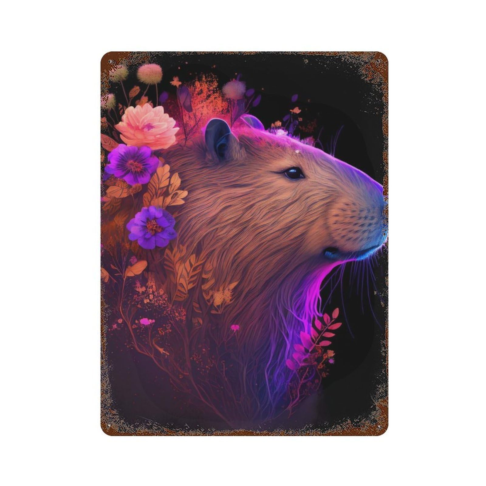 Vintage Metal Tin Sign Capybara Colorful Flower 15.7"x11.8", Industrial Home Decor for Farmhouse, Kitchen And Entryway Decor