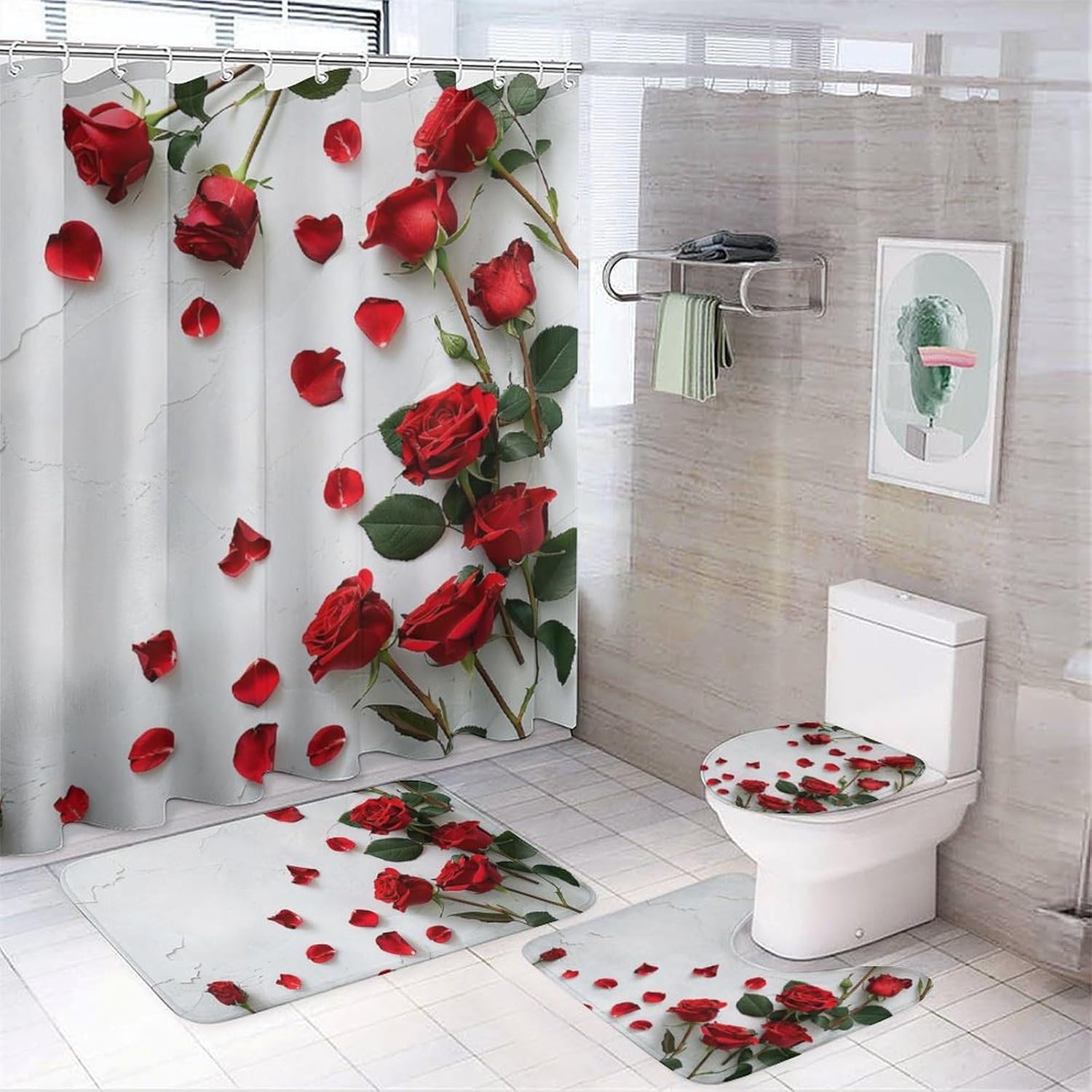 Rustic Beautiful Roses Shower Curtain Sets with Toilet Lid Cover And Rugs, Colorful Flower Petals Pictures Bathroom Decor Set with Rug U Shape Mat, Waterproof Shower Curtain with 12 Hook 4Pcs