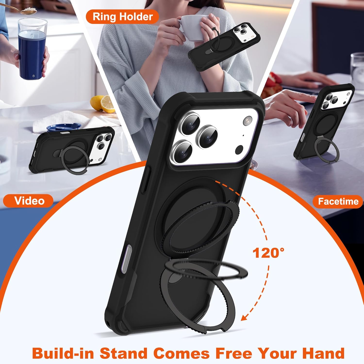 Compatible with iPhone 17 Pro Case 6.3'' with Magnetic Ring Stand [Military Drop Protection][Compatible with MagSafe] Shockproof 17 Pro Phone Case for Men Wowen,Black