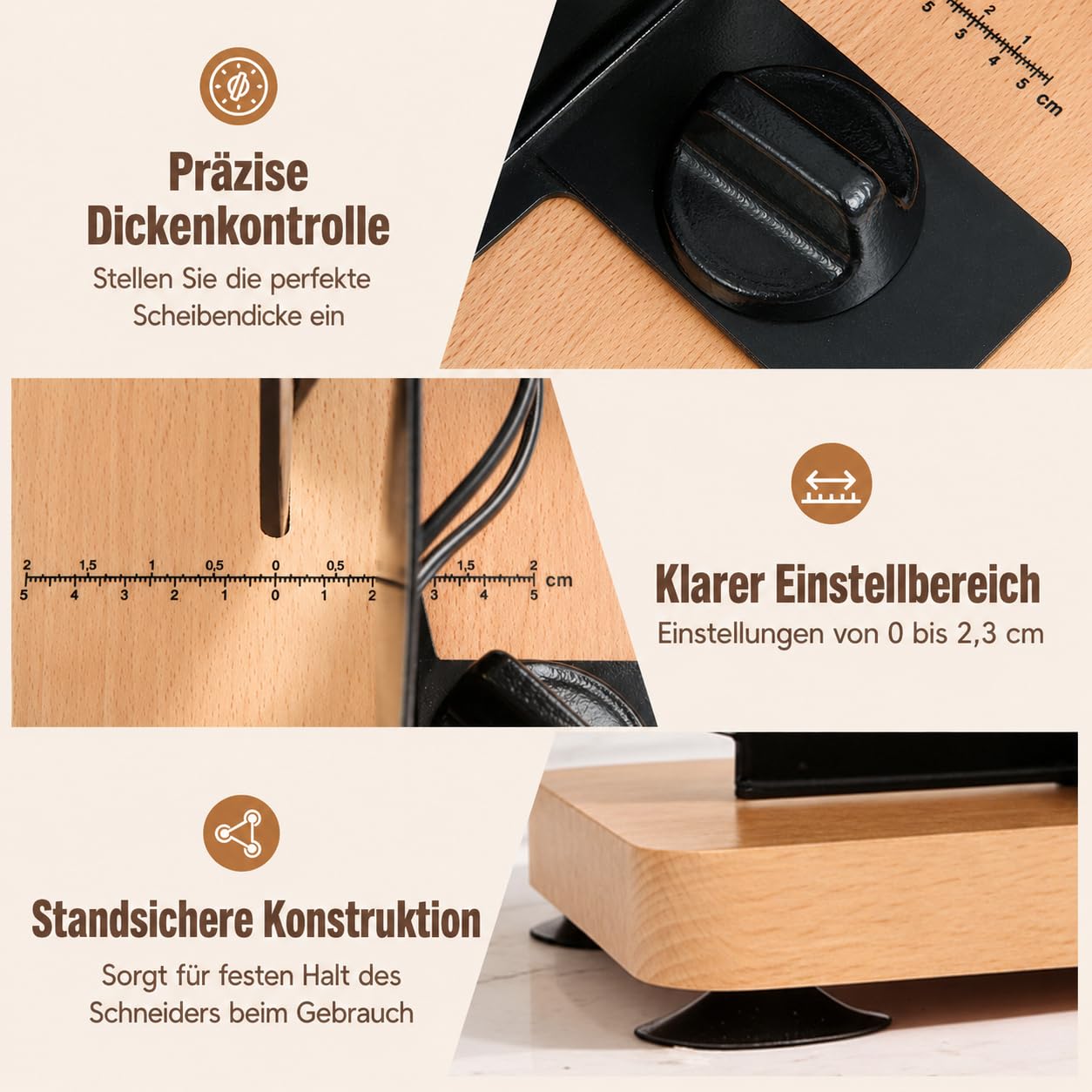 Brotschneidemaschine Manuell mit Handkurbel,Brotschneider mit Verstellbarer Scheibenbreite 0-2,2 cm,Edelstahl Klinge & Massivholz,Tragbare Schneidemaschine mit Saugnäpfen für Sauerteig Brot&Roggen