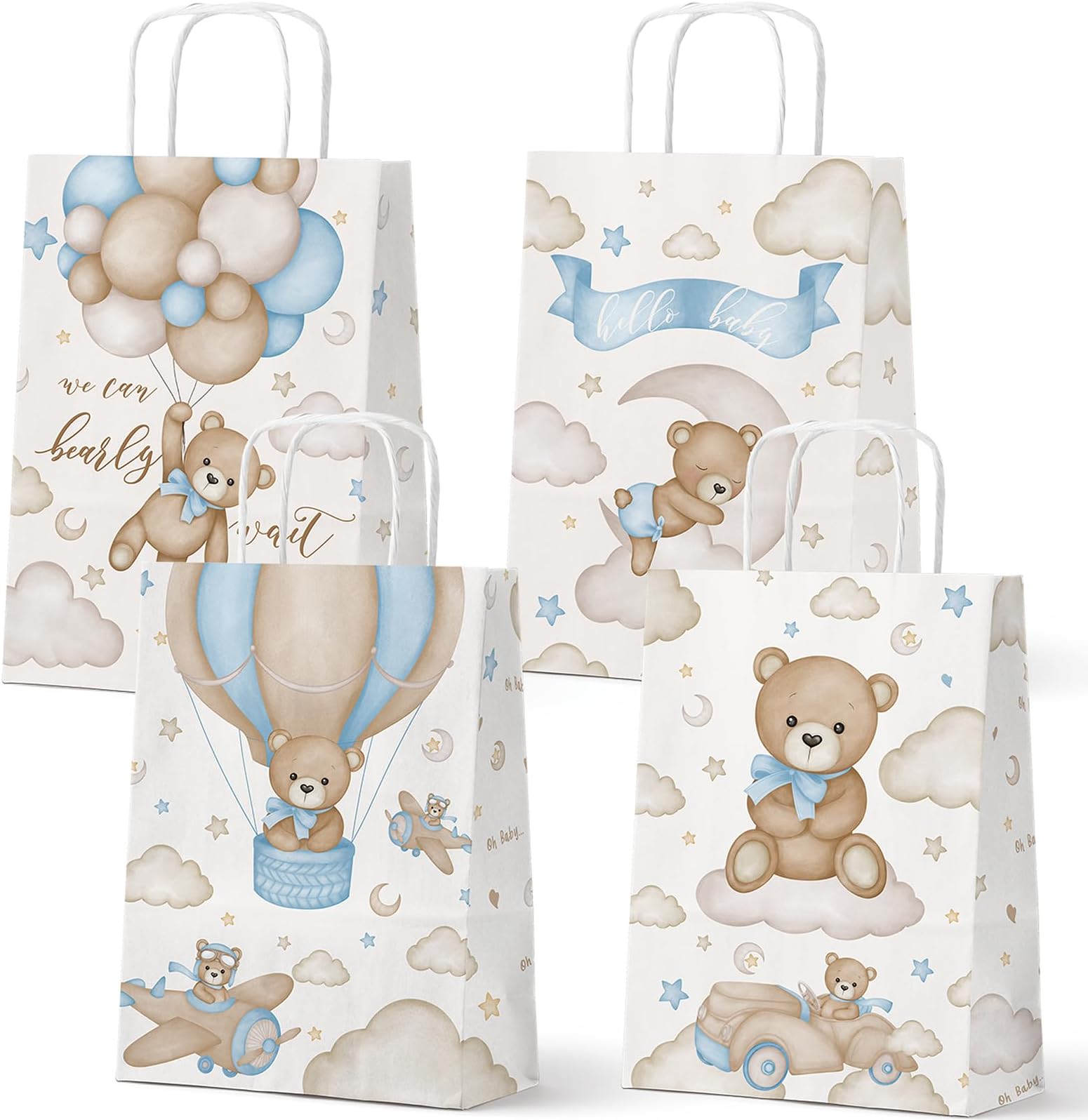 Outego 24 Pack Teddy Bear Baby Shower Bags, Baby Bear Goodie Bags with Handles, Blue Neutral Baby Shower Party Favor Bags, Welcome Baby Party Supplies