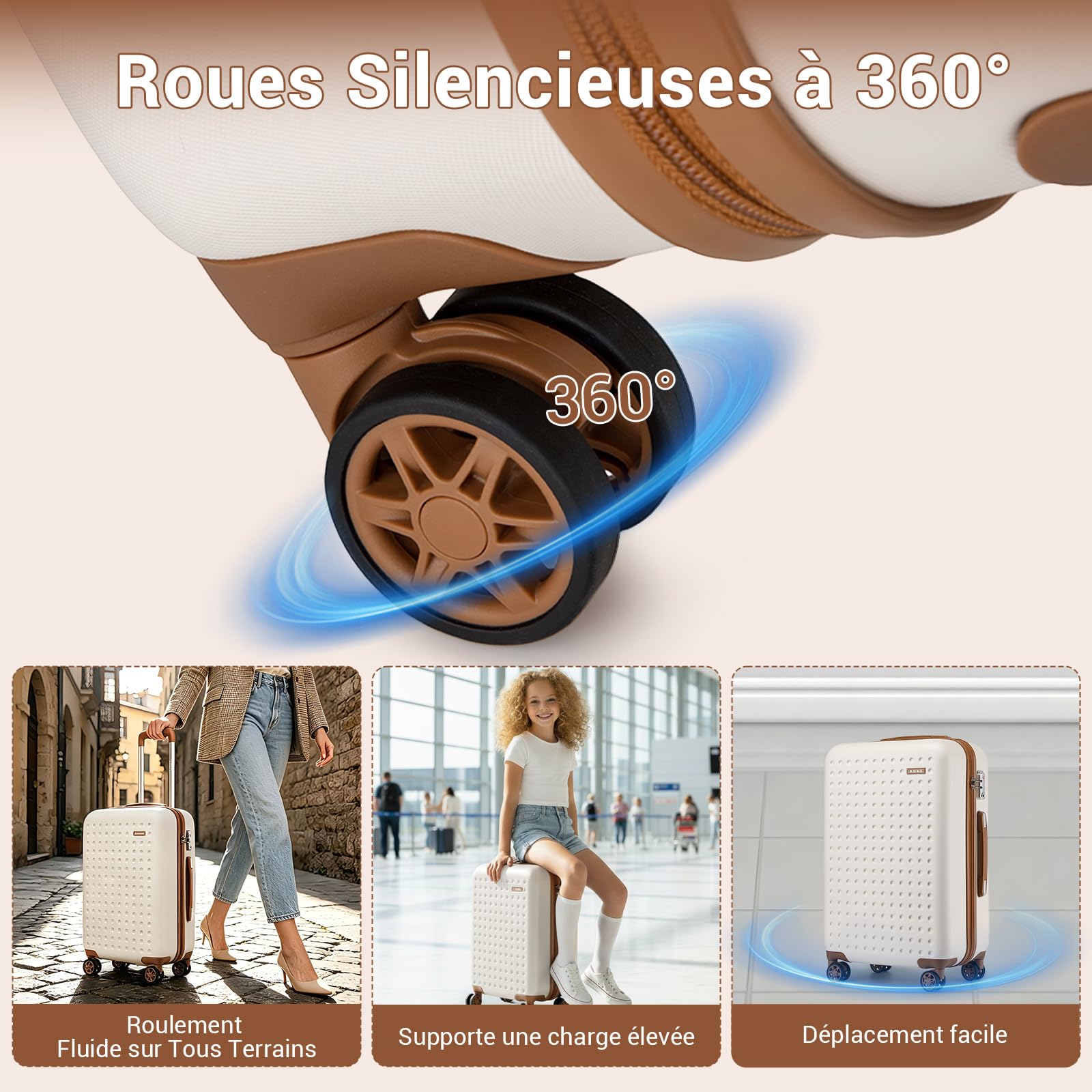 Kono Valise Soute 65cm ABS+PC Rigide,Valise Moyenne Légere avec 4 roulettes 360° Serrure TSA,Dimensions Standard Compagnies Aériennes,Idéal Voyage d'affaires Vacances（Crème）