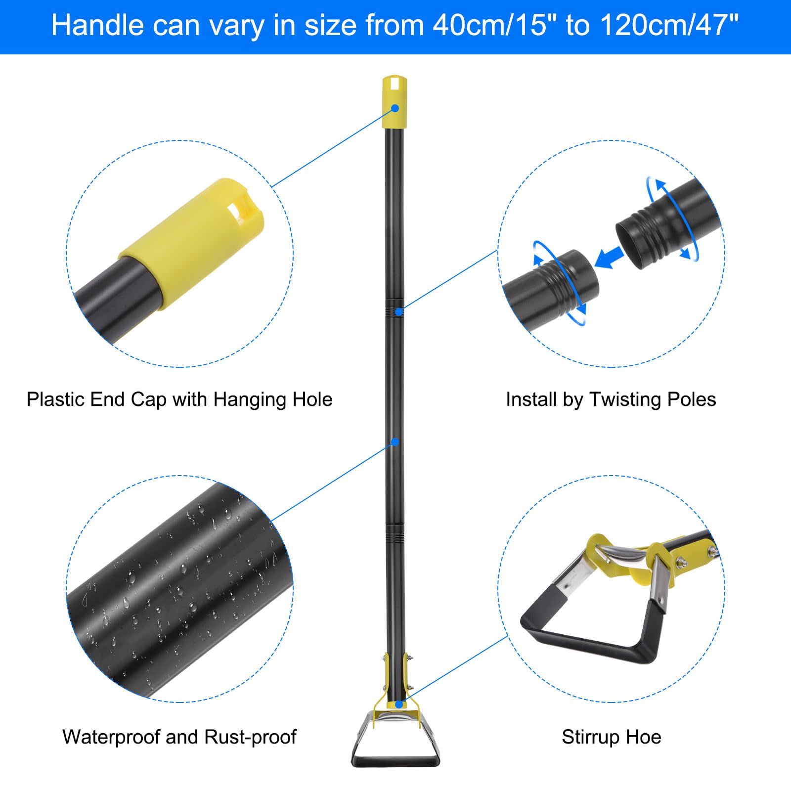 QUARKZMAN Hula Azada Jardín Herramienta 15-94" Ajustable Bucle Desmalezado Jardinería Azada Larga Manejar Mano Acción Maleza Herramienta para Jardín Deshierbe Siembra, Negro y Amarillo