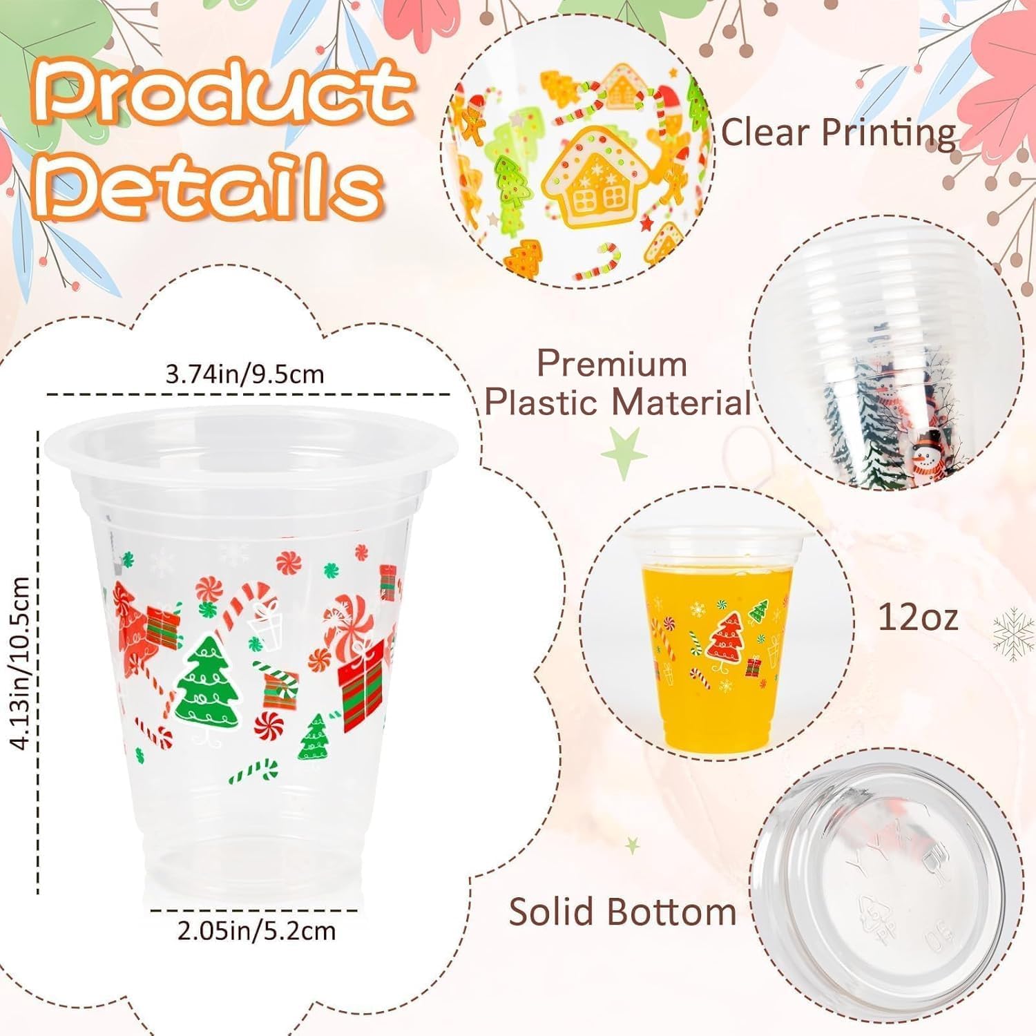 GuassLee Christmas Disposable Cups - 50 Pack 12 OZ Clear Disposable Christmas Plastic Cups Set with 5 Styles Patterns for Kids Adults Xmas Party Favors Coffee Wine Cold Drinks