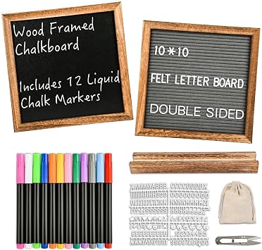 10" x 10" Double Sided Chalkboard Sign with Stand, Small Chalk Board Blackboard Wood Frame Felt Letter Board with 12 Chalk Markers and 340 Letters Brown