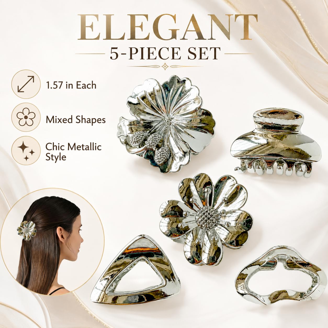 5 Pcs Silver Metal Claw Clips for Women, 1.57 Inch Small Metal Hair Clips, Flower Design Hair Clips for Thin & Thick Hair, Cute Hair Accessories for Half-Up Hairstyles and Low Ponytails