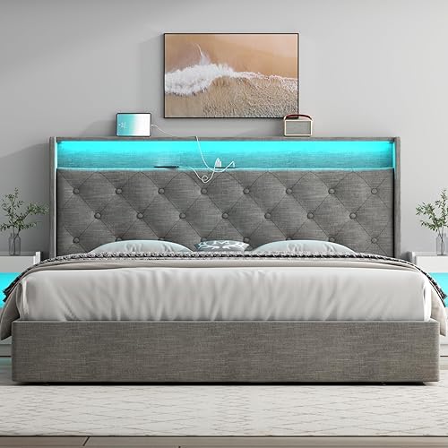 Miniatura 3 de Loomie Base de cama King con estación de carga y luces LED, cama tapizada con cabecera de almacenamiento copetuda con botones, almacenamiento Gris