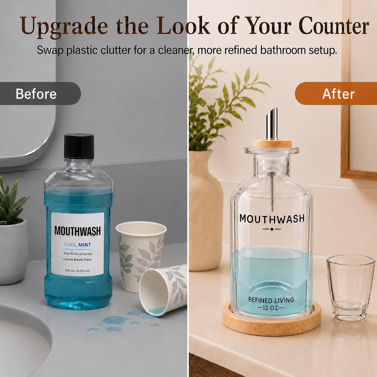 Refillable Mouthwash Dispenser with Rinse Cup, 12 OZ Glass Bottle and Bamboo Tray for Bathroom Decor image 4