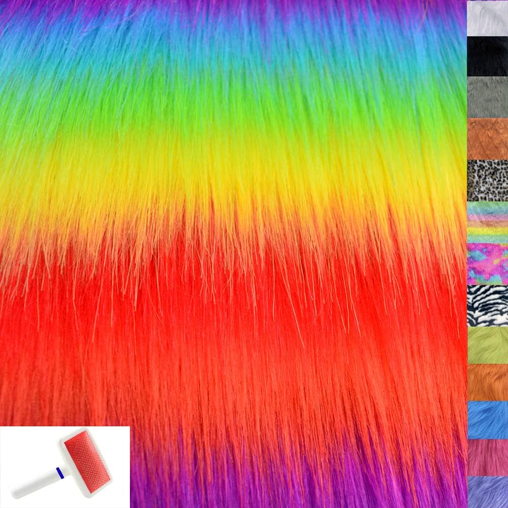 Artificial Shaggy Faux Fur Fabric | 64" x 36" | Camera Floor Chair Cover Seat Cushion for Any DIY Craft | Rectangular Patch Costume | Plush Crafting Sewing(64"X36"，Neon Rainbow Stripe)