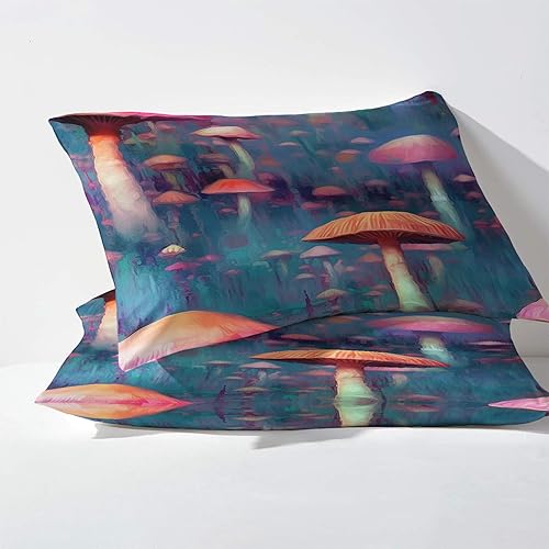 Miniatura 3 de Juego de sábanas de hongos tamaño Queen, sábanas de plantas de hongos, sábanas y fundas de almohada estampadas de 4 piezas, sábana bajera ajustable