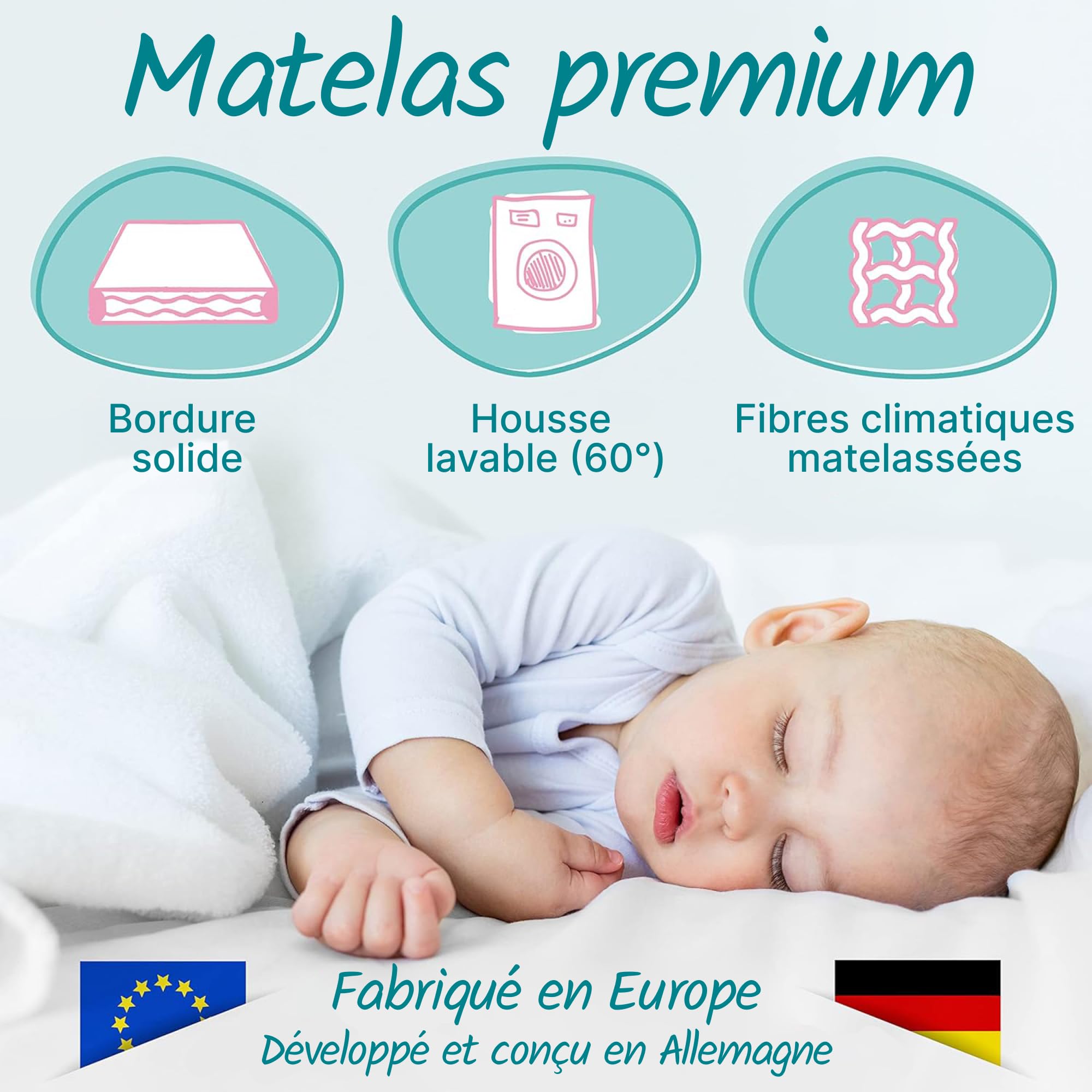 Sun Garden Matelas Bébé, Matelas Enfant 60x120 cm avec Bord Stable | Certifié Oeko-Tex 100 | Mousse, Lavable jusqu'à 60°C, Confort de Sommeil Élevé, Durable