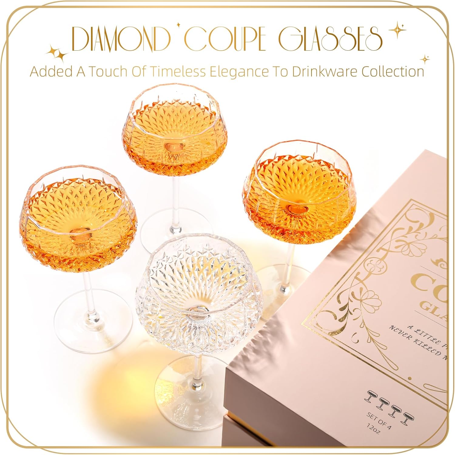 VIMERPA Coupe Glasses, Martini Glasses Set of 4, Vintage Champagne Coupe Glasses, 8oz Large Martini Glass, Crystal Retro Style Cocktail Glass for Elegant Bar Drinks, Vintage Art Deco Glassware