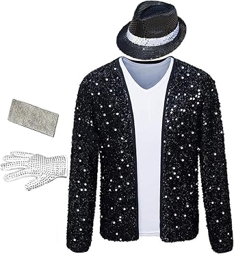 Mens Sequin Jacket Halloween Costume with Glove and Hat