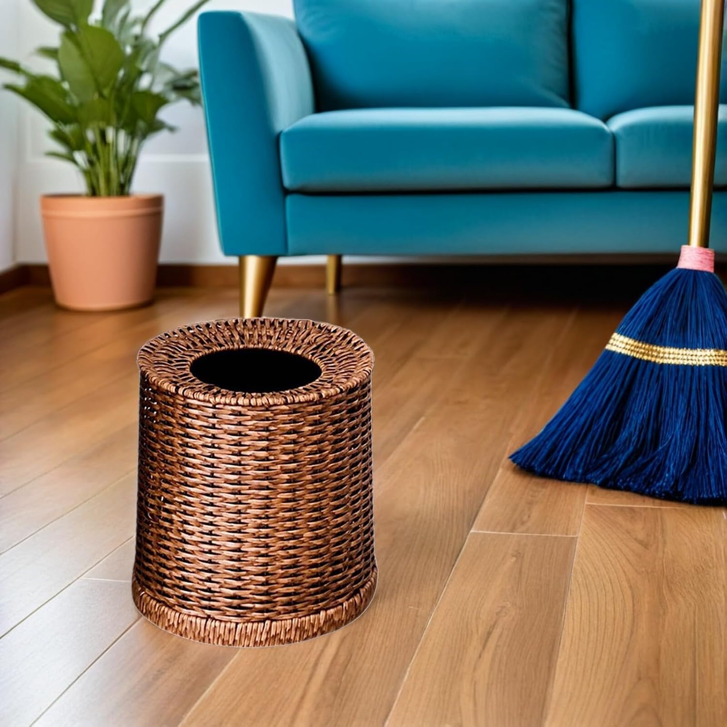 ARTIBETTER Rattan Trash Can Woven Wicker Wastebasket 12l No Lid with Removable Plastic Inner Bin for Bathroom Bedroom Office Home Storage