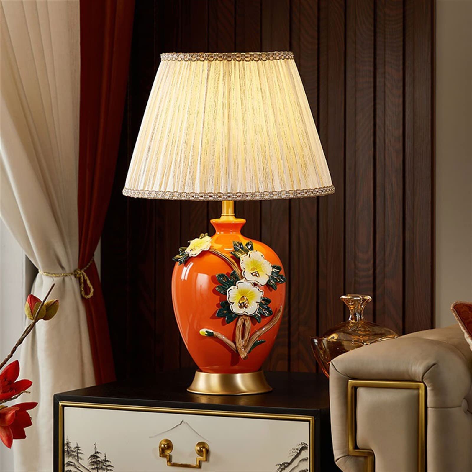 Lampka Nocna Pomarańczowa Emaliowana Lampa Stołowa Do Sypialni Ceramiczna Lampa Nocna Miedziana Podstawa Z Lnianym Abażurem Lampa Stołowa