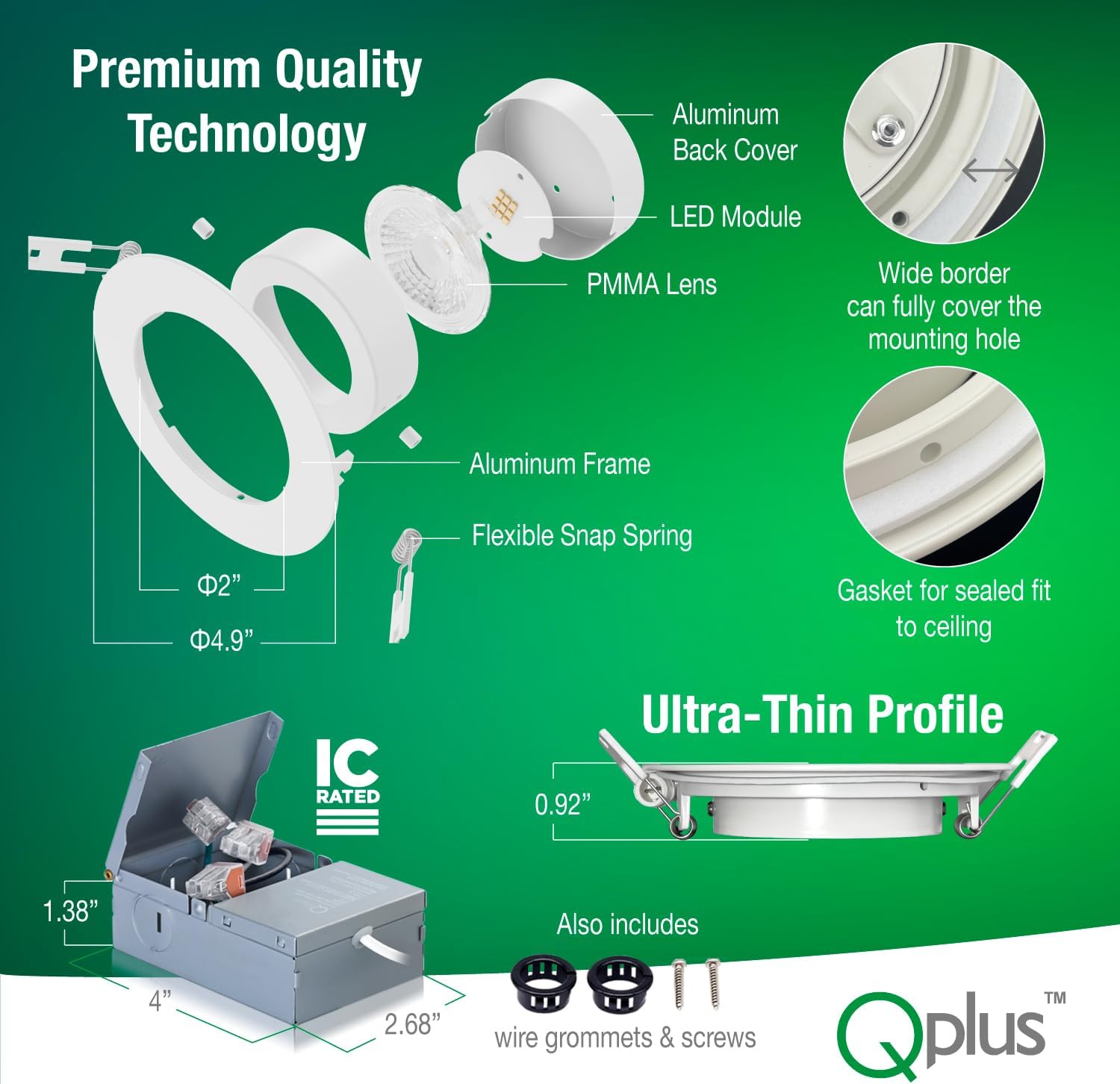 QPLUS 4Inch Eyeball Gimbal LED Recessed Light with Junction Box, Ultra Thin Dimmable Swivel Adjustable Downlight, Canless Ceiling Light 10 Watts, 750lm, ETL Listed (3000K Warm White, 24 Pack)