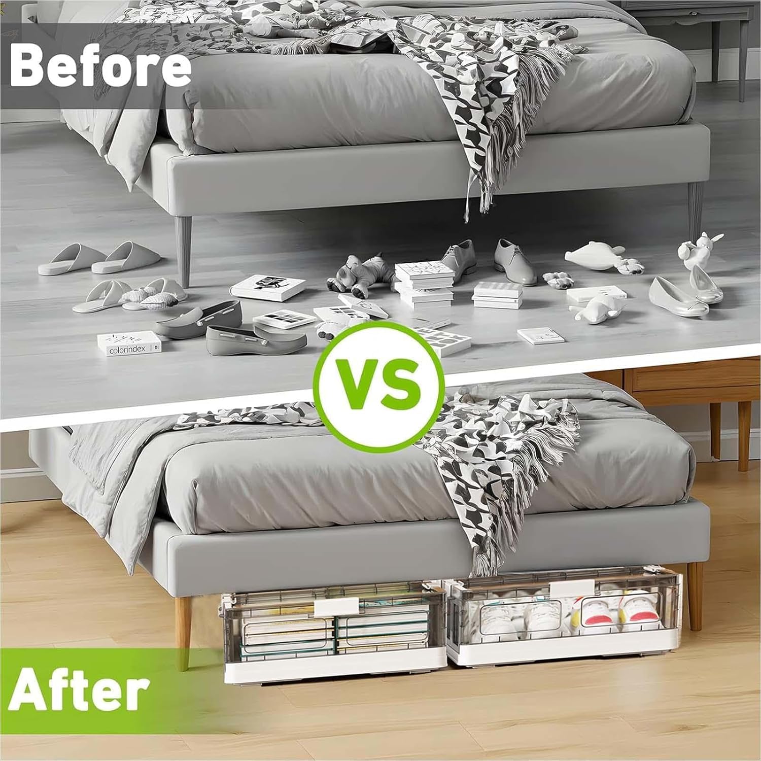 Rolling Underbed Storage Plastic Foldable, Under Bed Storage 17.4Gal Under Bed Organizer with Wheels for Clothes,Shoes, Blankets,transparent-1pack