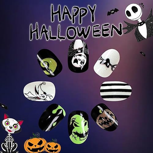 Miniatura 200 de Uñas postizas a presión de Halloween, cuadradas, medianas, francesas, color negro, degradado, cobertura completa, calavera, corazón rosa, con Uñas