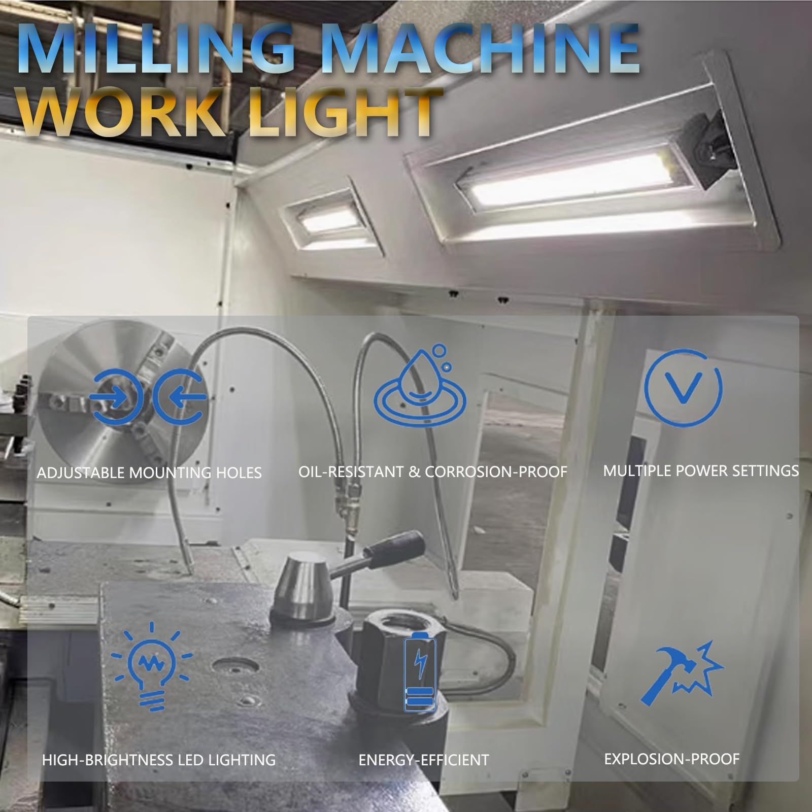 Lampa robocza maszynowa, regulowana podstawa, przeciwwybuchowa, wodoodporność IP66, uniwersalne napięcie 110-220 V, wysoka wydajność 120 lm/W, do tokarki CNC, frezowania, wiertarek