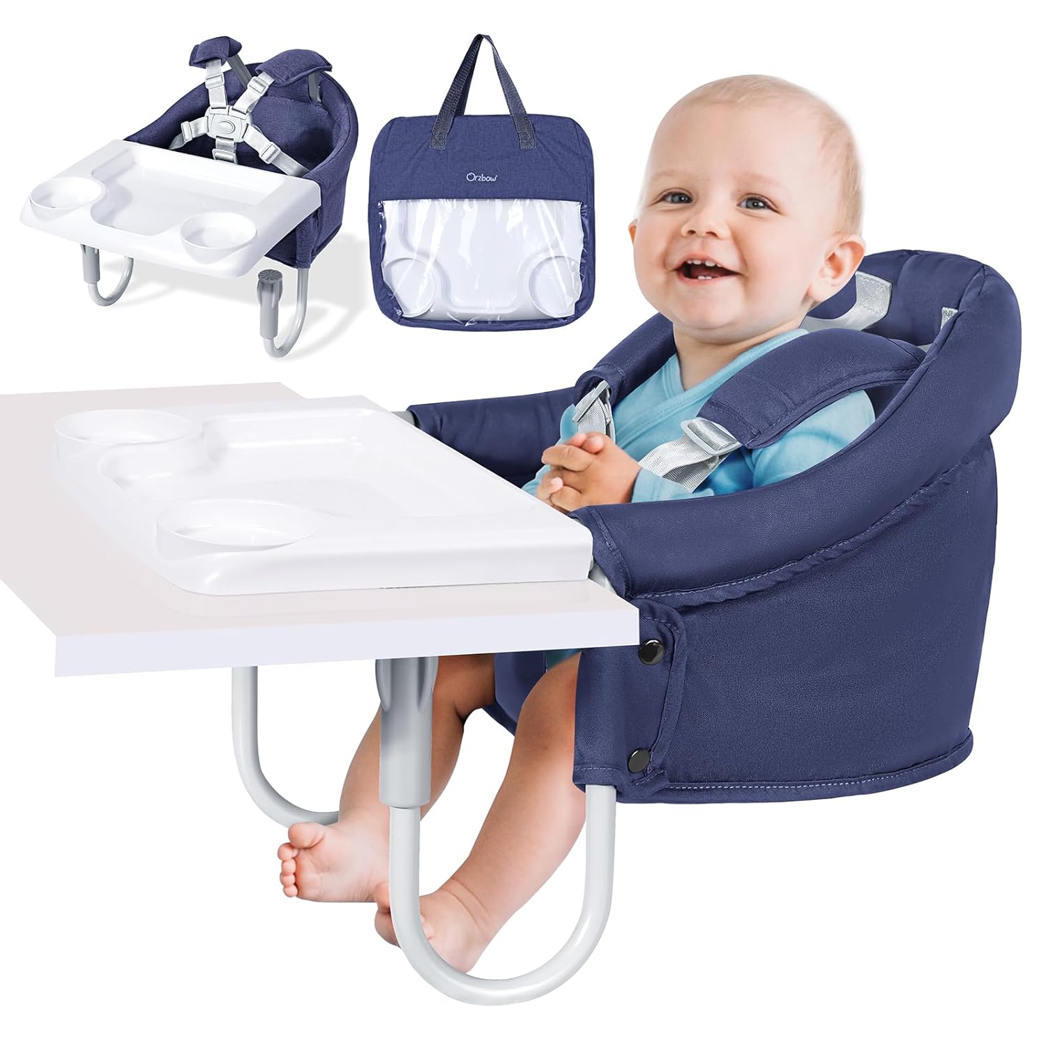 Orzbow Hook On High Chair with Removable Dining Tray, Folding Portable High Chair with Storage Bags, Baby Table Booster Seat, Easy Clip on Table Feeding HighChair for Travel, Restaurant and Home, Grey