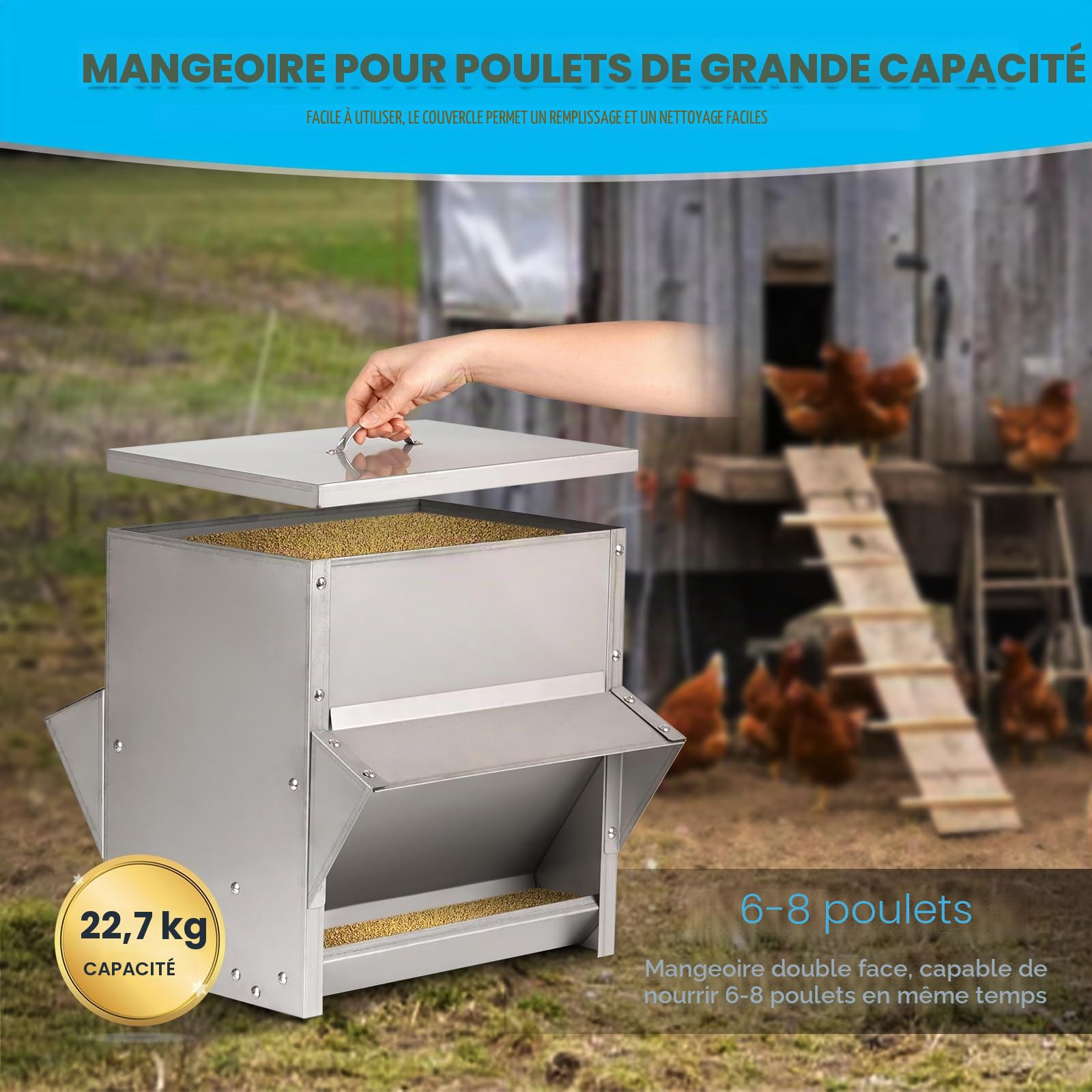 25kg Mangeoire Poules Automatique Metal Mangeoire à Volaille avec Couvercle Anti-Pluie Exterieur Distributeur de Nourriture pour Poules Canards Oies Volailles