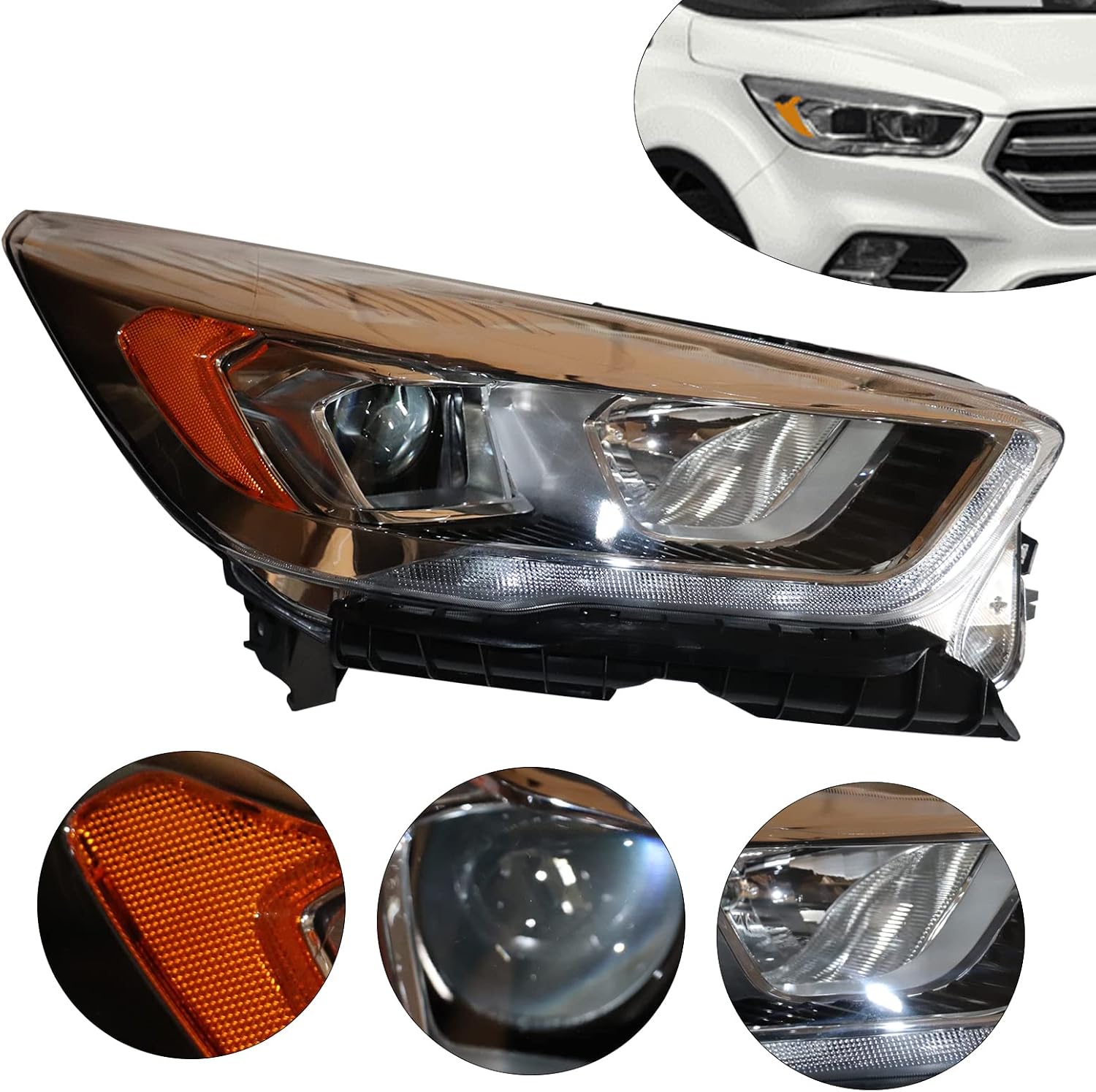 LYNICESHOP Front Headlight, Clear Headlight for 2017-2019 Ford Escape S SE SEL Halogen Headlights, Assembly Replacement Factory Headlamp (Passenger Side)