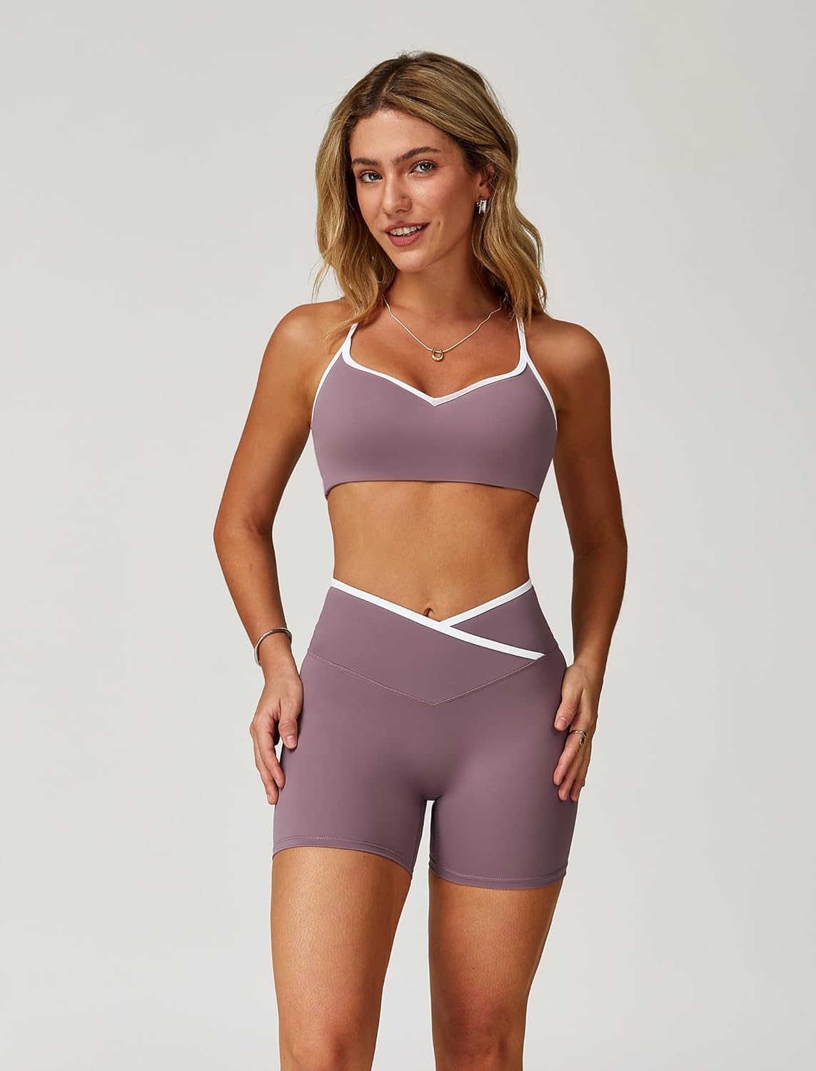 ABOCIW Workout Sets for Women 2 Piece Color Block Strappy Sports Bra Crossover High Waist Shorts Gym Yoga Pilates Outfits - Image 4