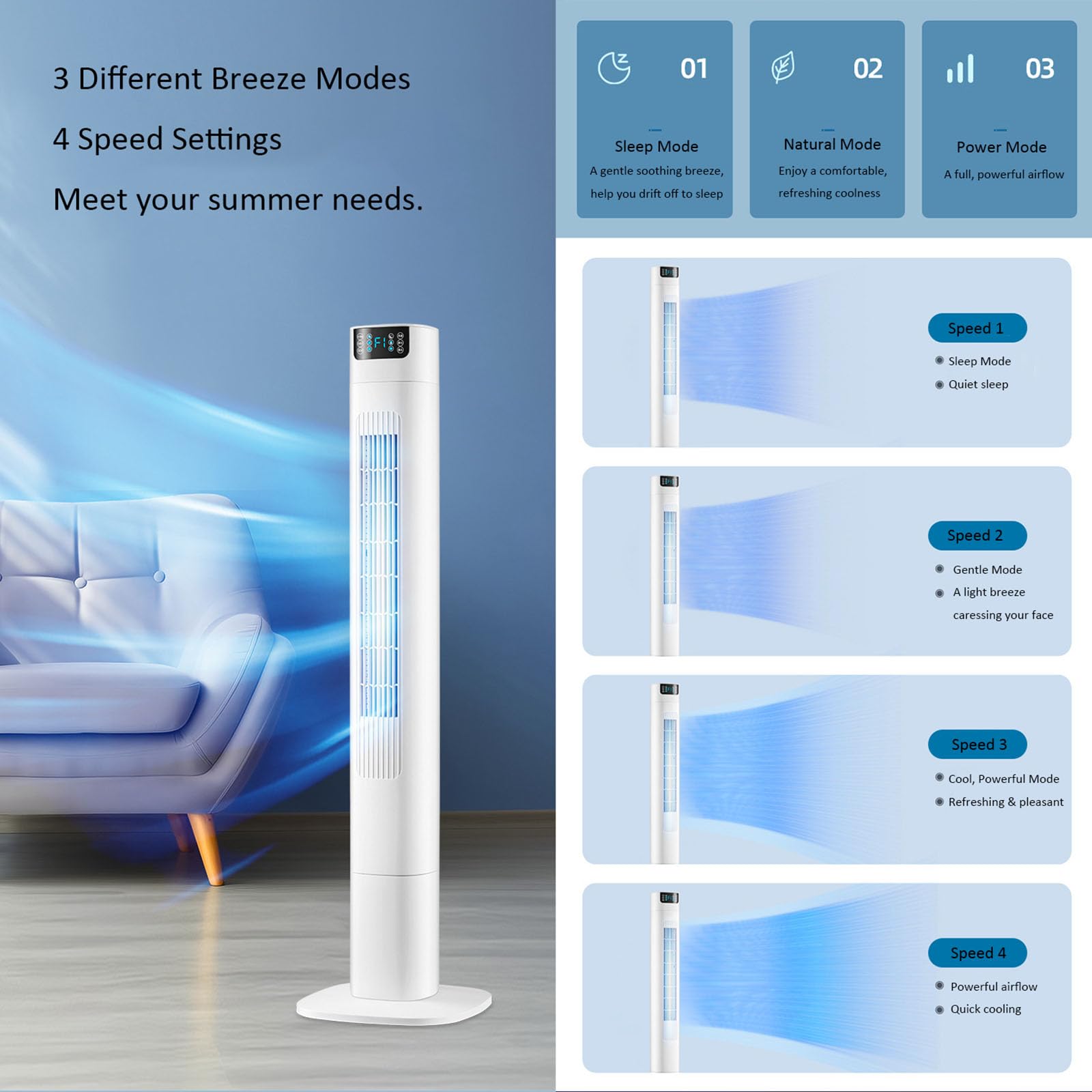 Ventilador con pie,silencioso torre aire con mando (90cm) | 3 velocidades, temporizador 2/4/8h, luz LED, depósito agua 600ml, para hogar, oficina y dormitorios estudiantiles