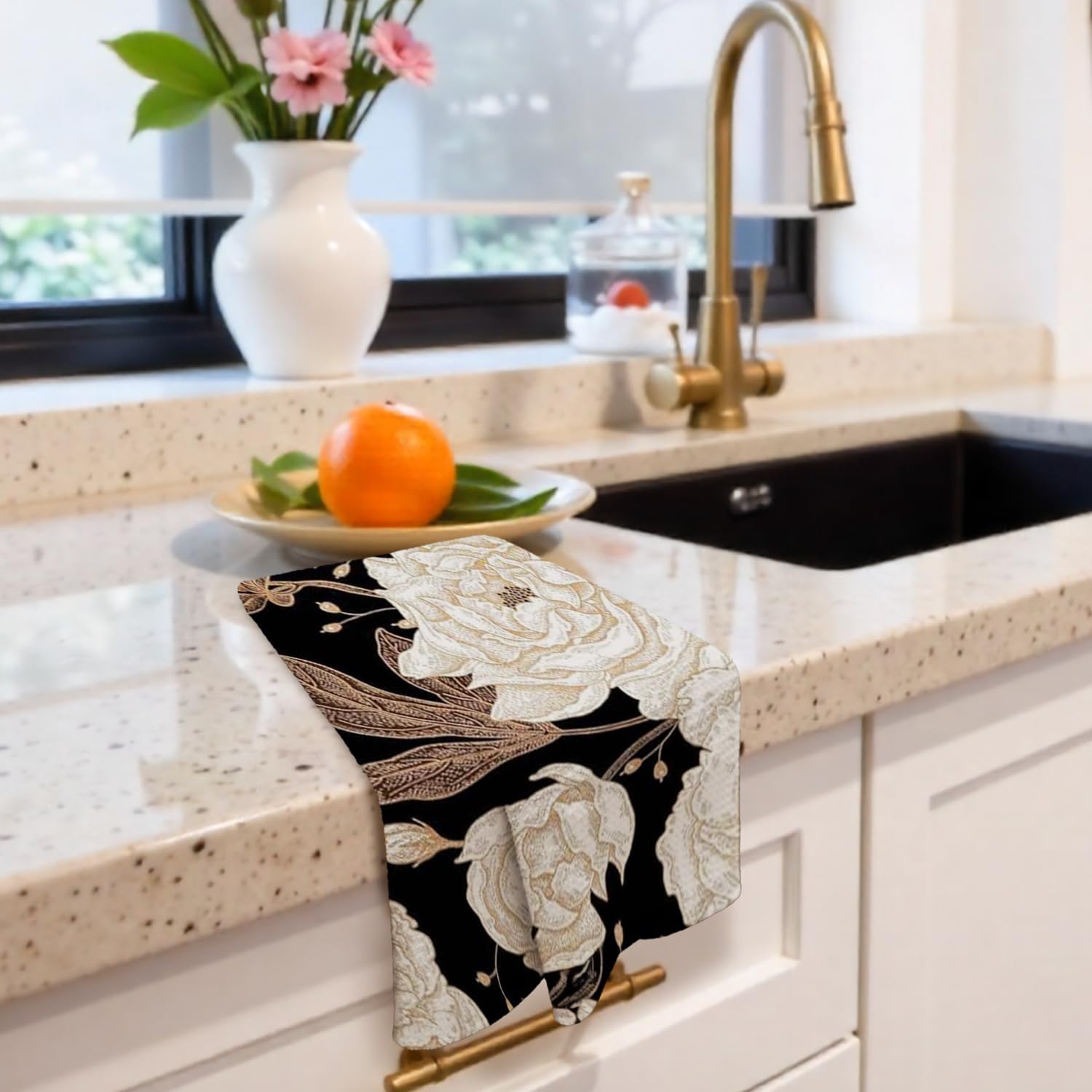 Vintage Peony Floral Kitchen Towels Decorative, Rustic Black White and Gold Flower Botanical Dish Hand Tea Towels, Cottagecore Floral Kitchen Bathroom Decor, 16x24 Inch - Image 4