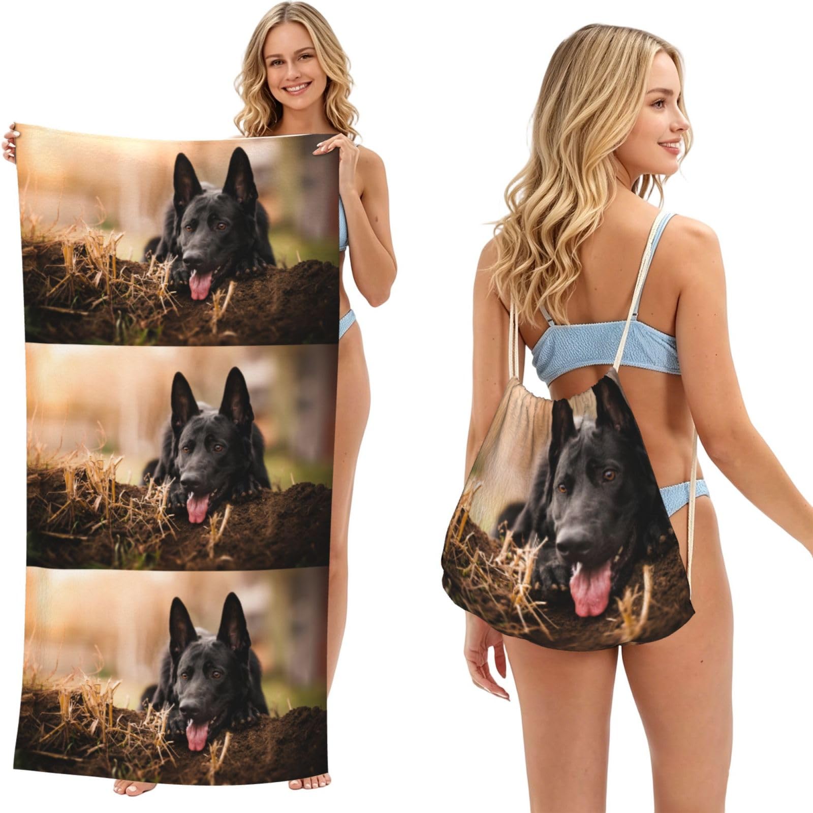 Poadnly As Picture Black German Shepherd Lawn Bokeh German, 2 In 1 Packable Towel Bag, Beach Towels With Drawstring Backpack For Travel Holiday Camping
