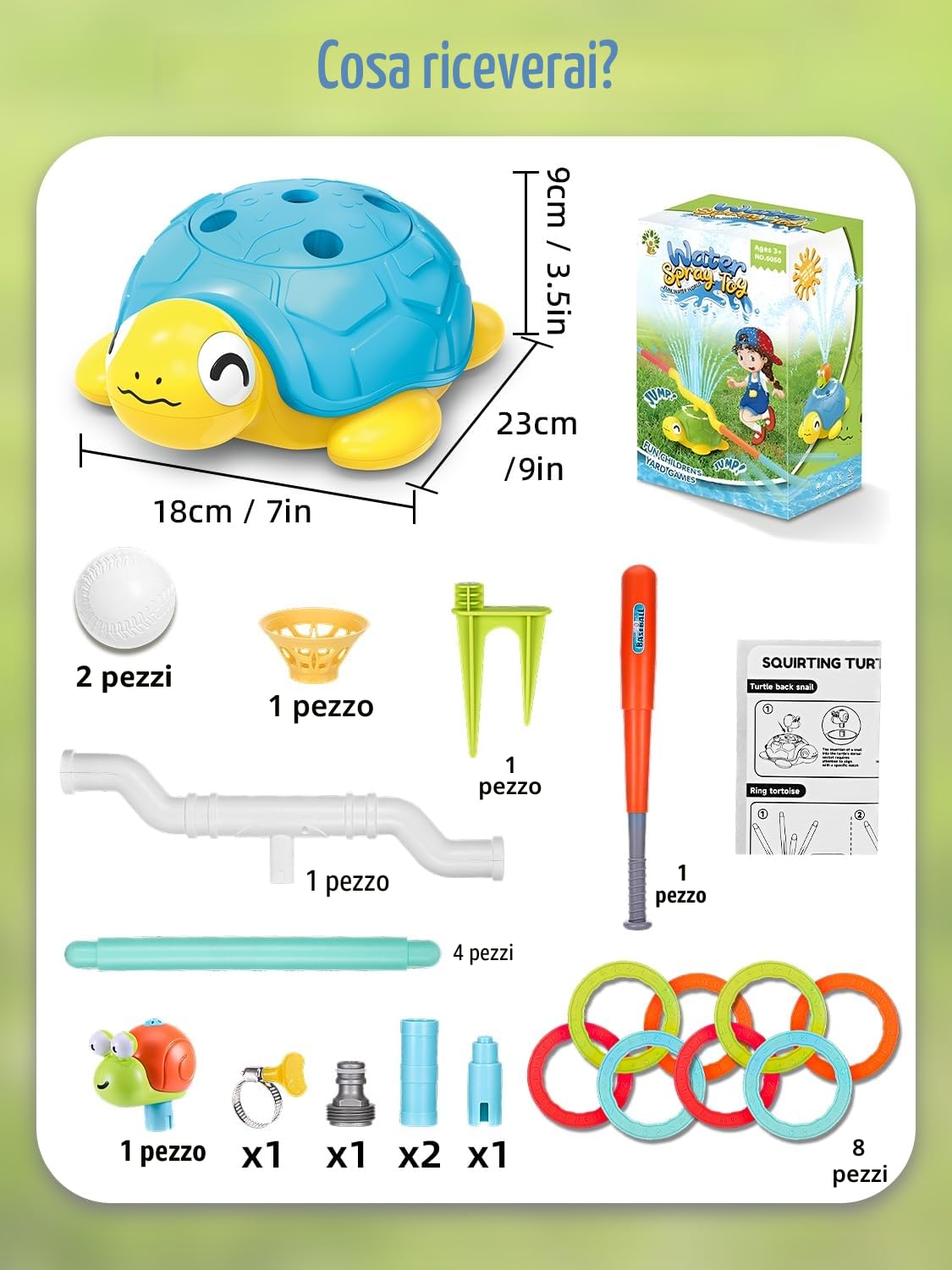 4 in 1 Giochi da Giardino per Bambini, Tartaruga Spruzzino Acqua da Giochi da Esterno, Gioco Lancio Anelli, Jump Challenge, Lanciatore di Baseball, Giochis Acqua Bambini 3 4 5 6 7 8 9 10 Anni