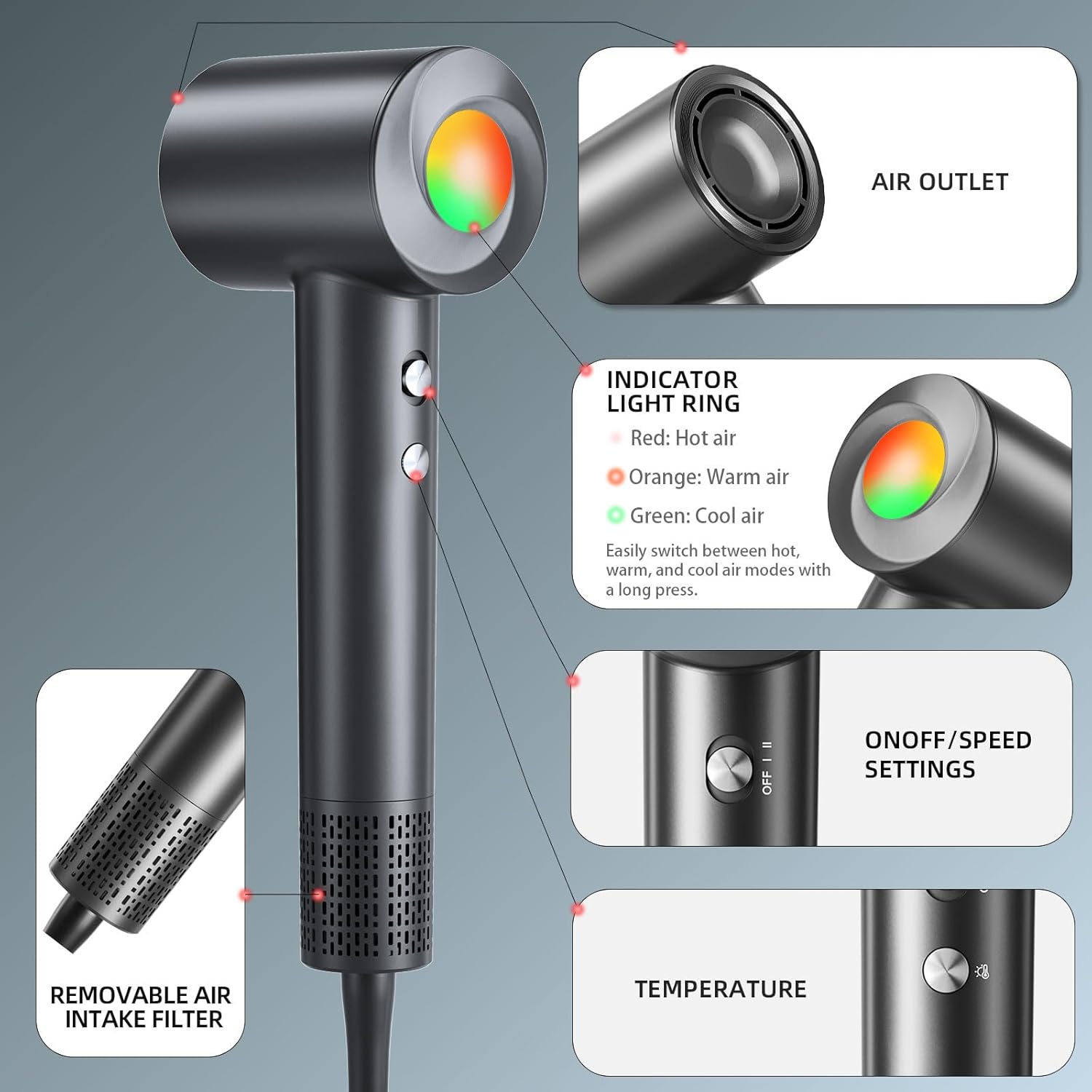 Hair Dryer, 160000 RPM Ionic Hair Dryer Portable Lightweight Blow Dryer with 500 Million Negative Ions, Fast-Drying, Lightweight and Quiet with Diffuser & Nozzle, Perfect for Home and Travel-Black - Image 5