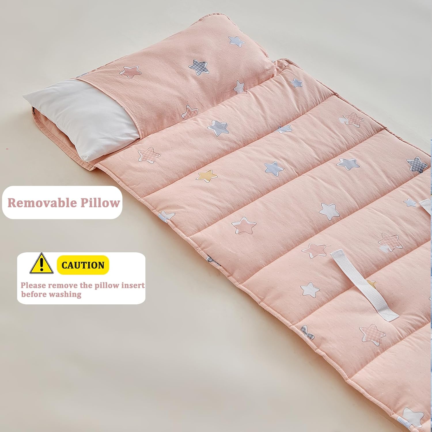 DuShow Cotton Toddler Nap Mat with Pillow and Blanket,Extra Large Rolled Napping Mats,Slumber Bags for Boys Girls,Kids Sleeping Mat for Daycare,Preschool Kindergarten-Pink Star