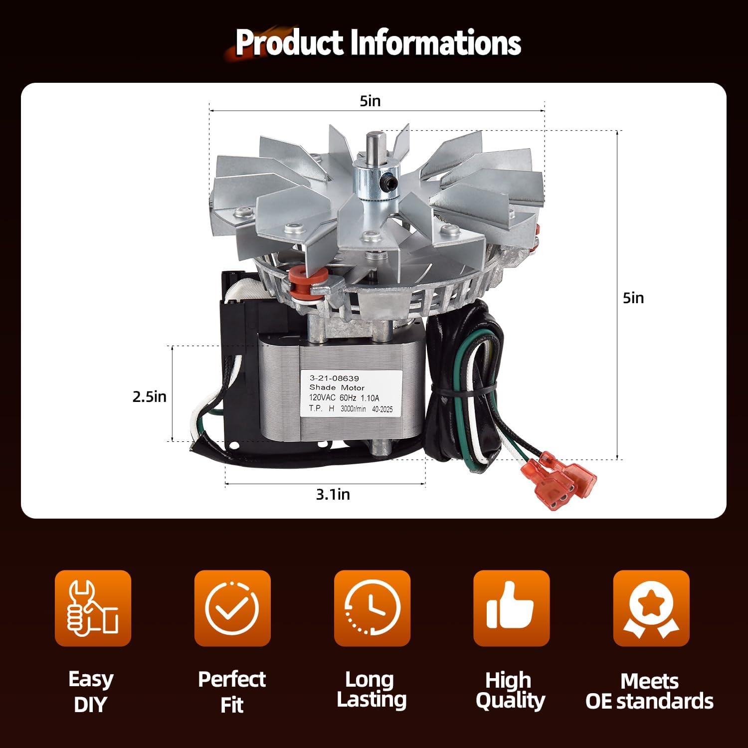 3-21-08639 Combustion Blower Exhaust Fan Motor Compatible with Pellet Stoves P43 P61 P68 XXV Accentra 52I Advance P35I PC45 PF100 PF120 BA100 BH105 Replace 3-21-08415