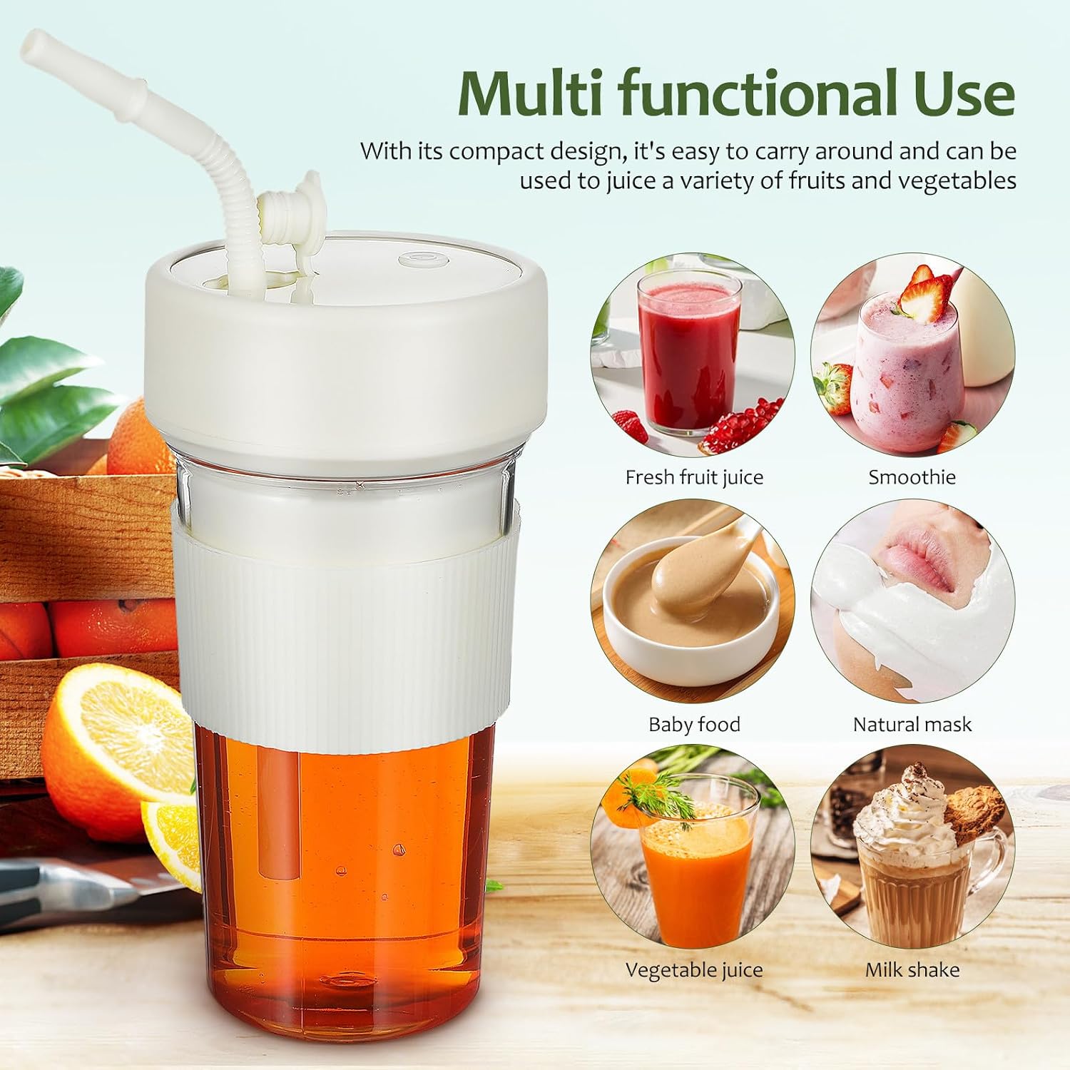 Mobestech Rechargeable Portable Blender Cup 350ml for Shakes and Smoothies with Stainless Steel Blades and Straw Hole, Mini Personal Juicer for Travel the Move