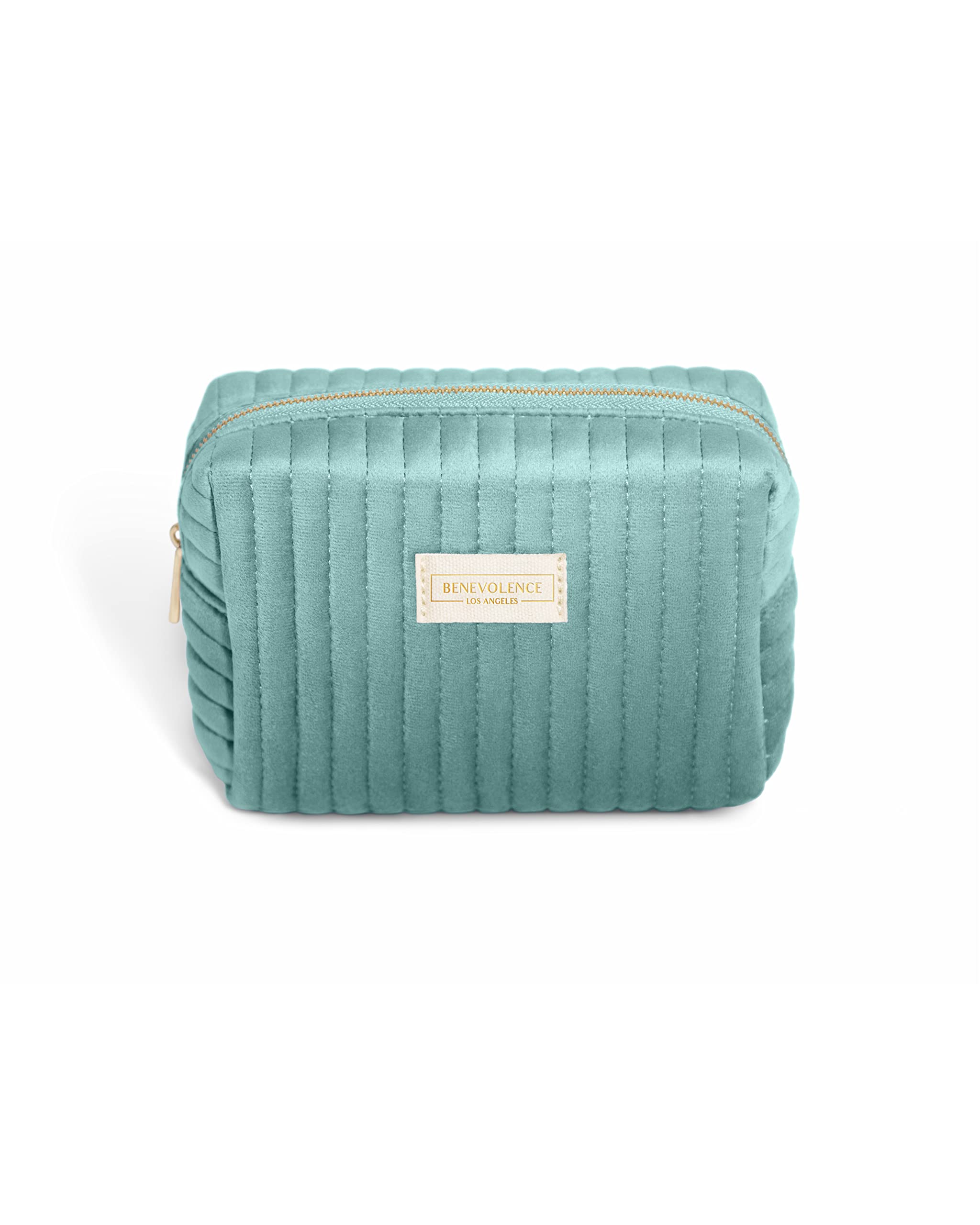 Benevolence LA Plush Velvet Small Makeup Bag for Purse | Cosmetic Pouch, Travel Toiletry Organizer for Women, Quilted Bag for Accessories - Cyan