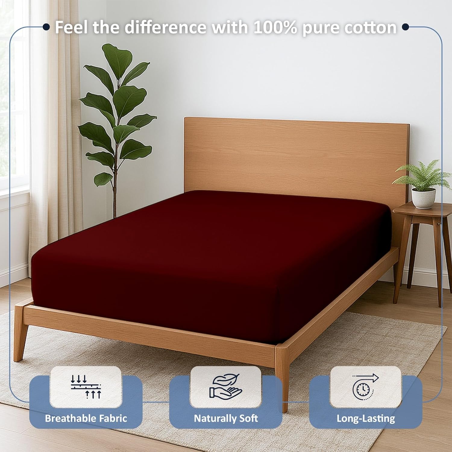 Cottington Lane Queen Fitted Sheet Only, 100% Egyptian Cotton Bottom Sheet Queen Size (60" x 80"), 15 Inch Deep Pocket, Hotel Quality Sateen Weave, Soft, Breathable, Cooling & Durable, Burgundy