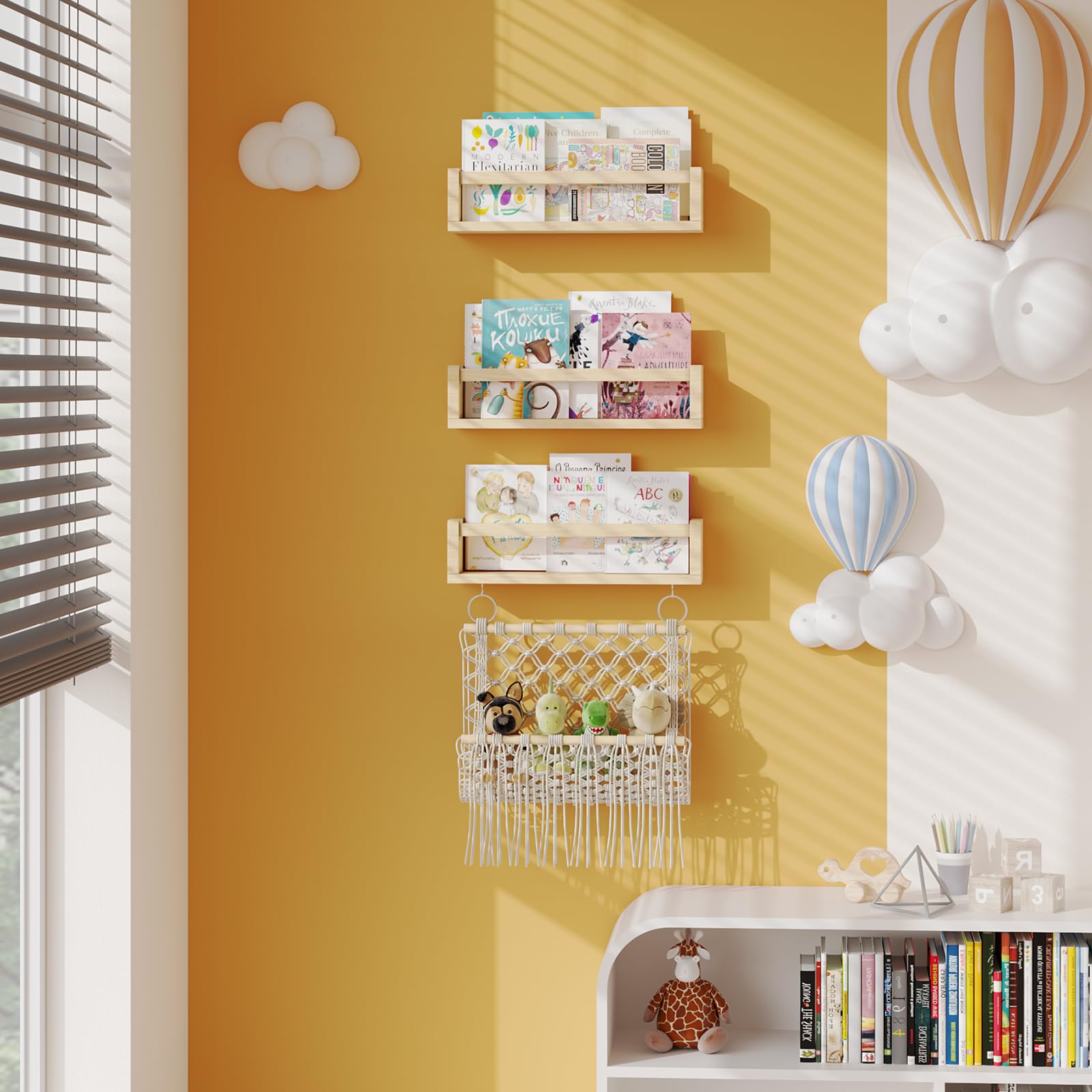 BBLIKE Set di 3 mensole per libri per cameretta dei bambini, mensole sospese da parete con rete di animali ripieni, mensole in legno da parete, mobili da appendere per riporre giocattoli e stanza dei