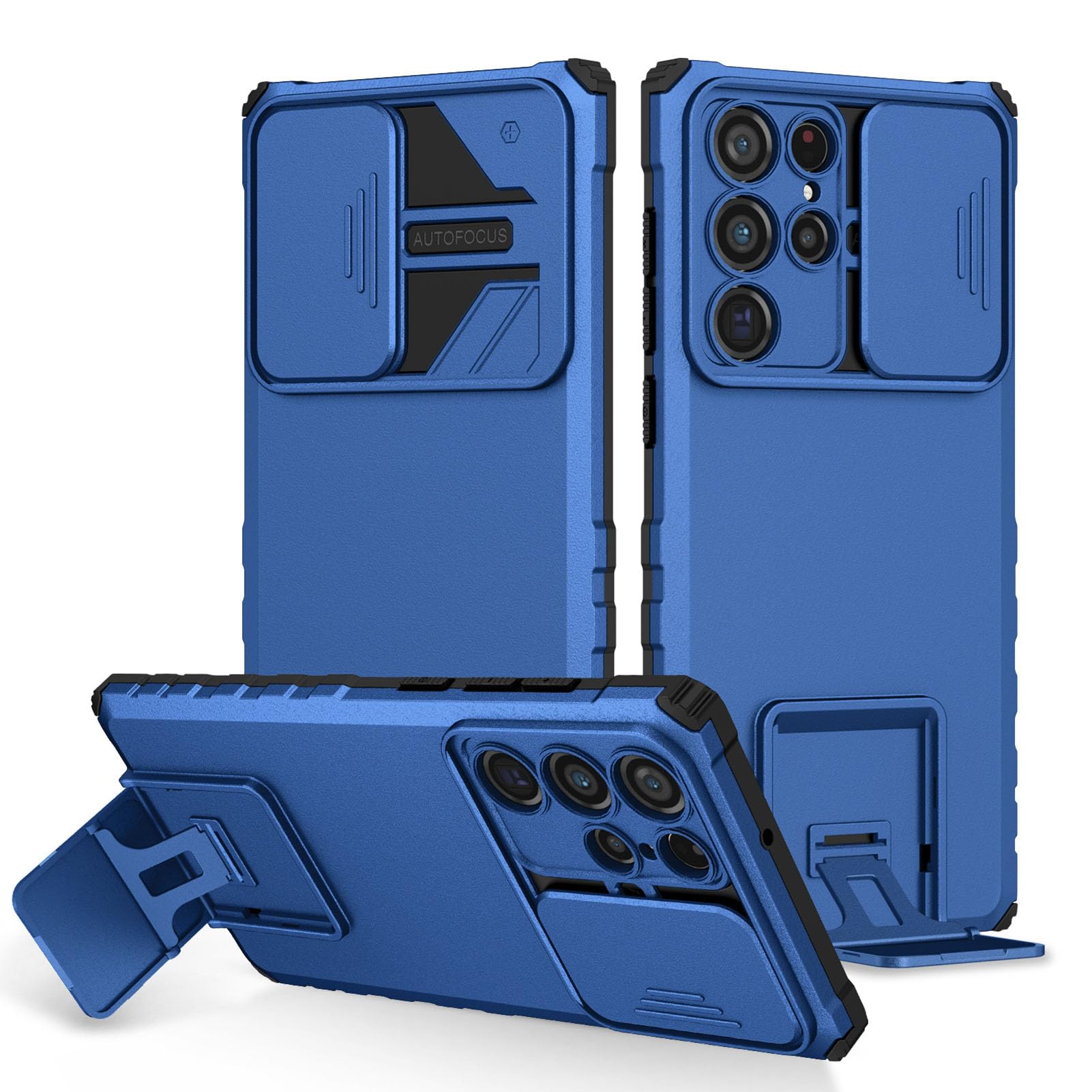 Coque Samsung S26 Ultra et Plus avec protège-objectif coulissant et support ajustable bleu
