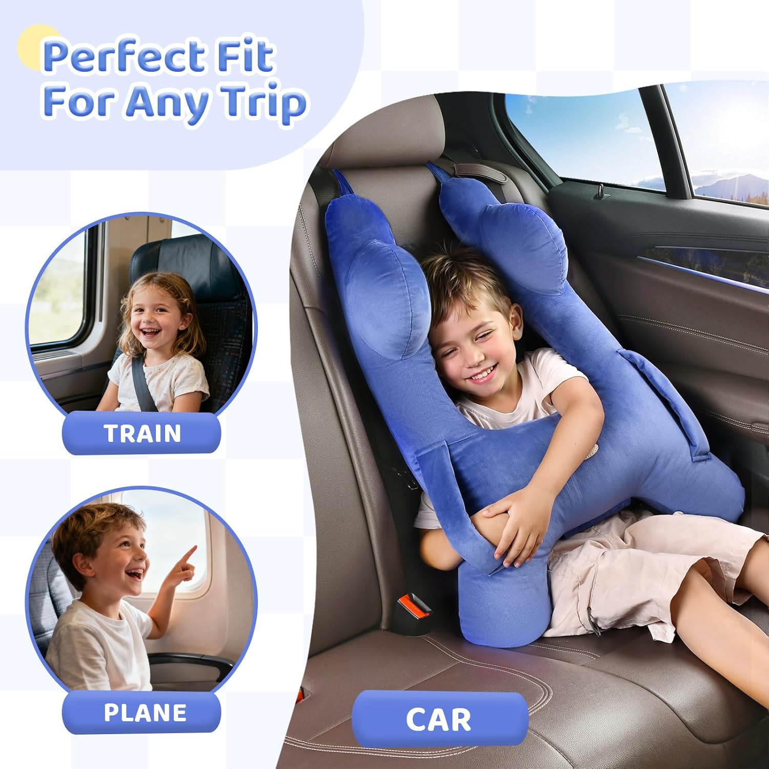 FLORICH Kids Travel Pillow, Car Sleeping Travel Pillow for Kids, Washable H-Shaped Pillow for Adults and Children to Support Head and Body for Road Trips Pillow for Car (Blue)