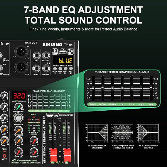 4 Channel Professional Portable Audio Mixer,320 DSP Effects+7-Band Equalizer,Bluetooth Sound Card+48V Phantom Power,USB Interface,for PC Recording,Karaoke Studio Effects,and Streaming Playback