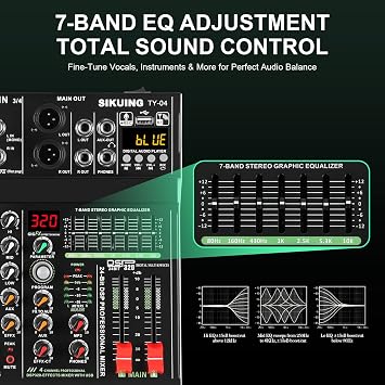 4 Channel Professional Portable Audio Mixer,320 DSP Effects+7-Band Equalizer,Bluetooth Sound Card+48V Phantom Power,USB Interface,for PC Recording,Karaoke Studio Effects,and Streaming Playback