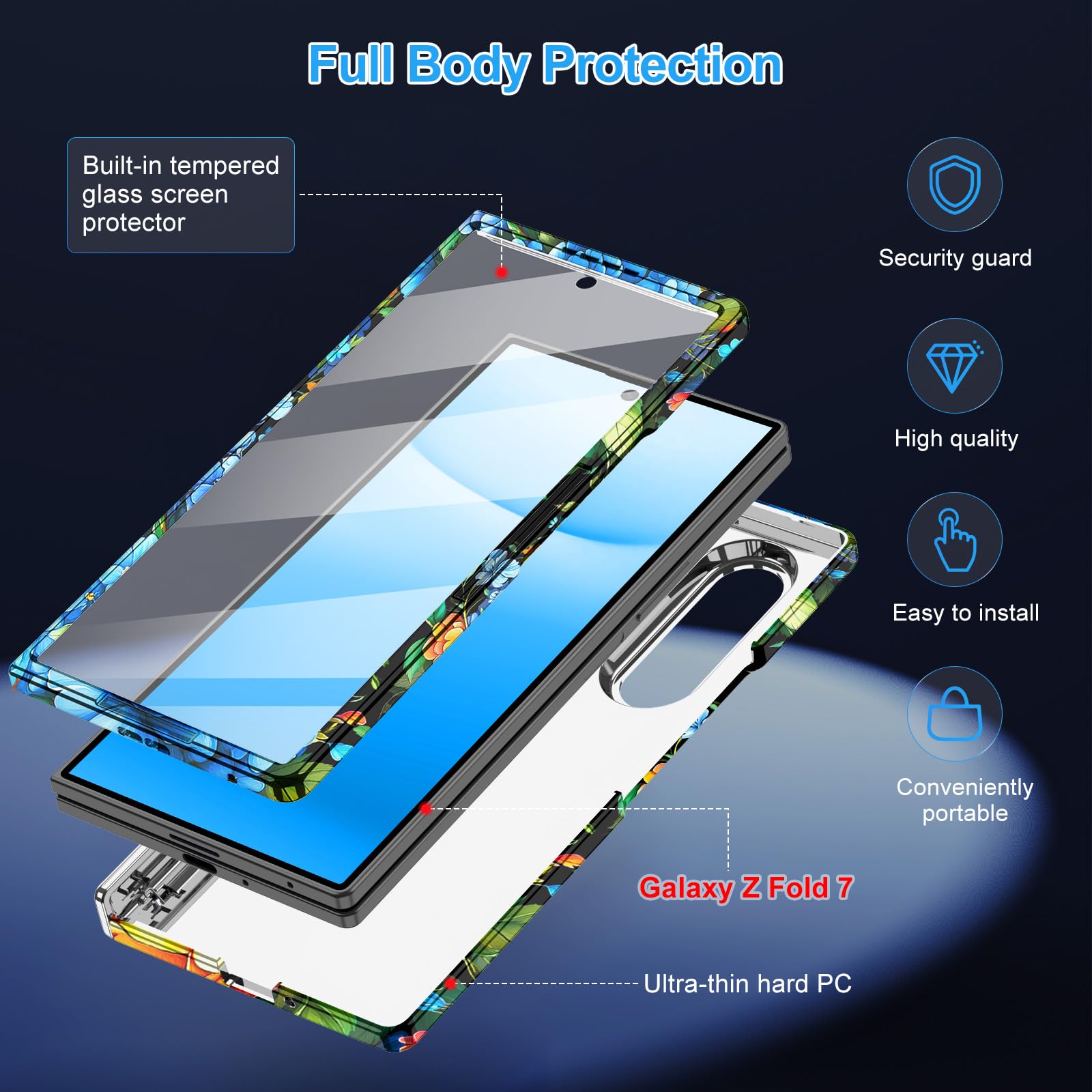 Hekodonk Custodia per Galaxy Z Fold 7, compatibile con MagSafe, pellicola protettiva integrata per lo schermo, protezione con cerniera, sottile, magnetica, antiurto, per donne e ragazze, con fiore blu