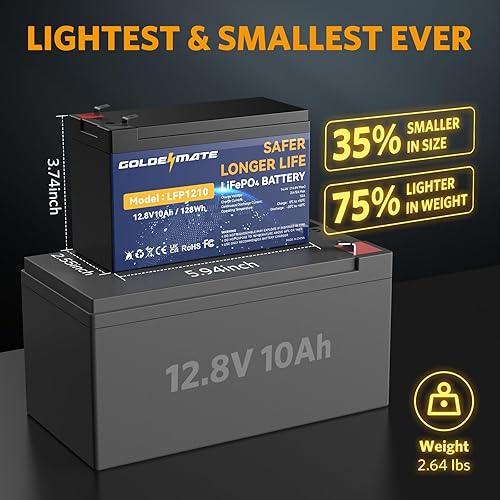 Miniatura 3 de GOLDENMATE Batería de litio LiFePO4 de 12 V 10 Ah (2 paquetes), más de 5000 ciclos profundos, batería de fosfato de hierro de litio, BMS integrado,