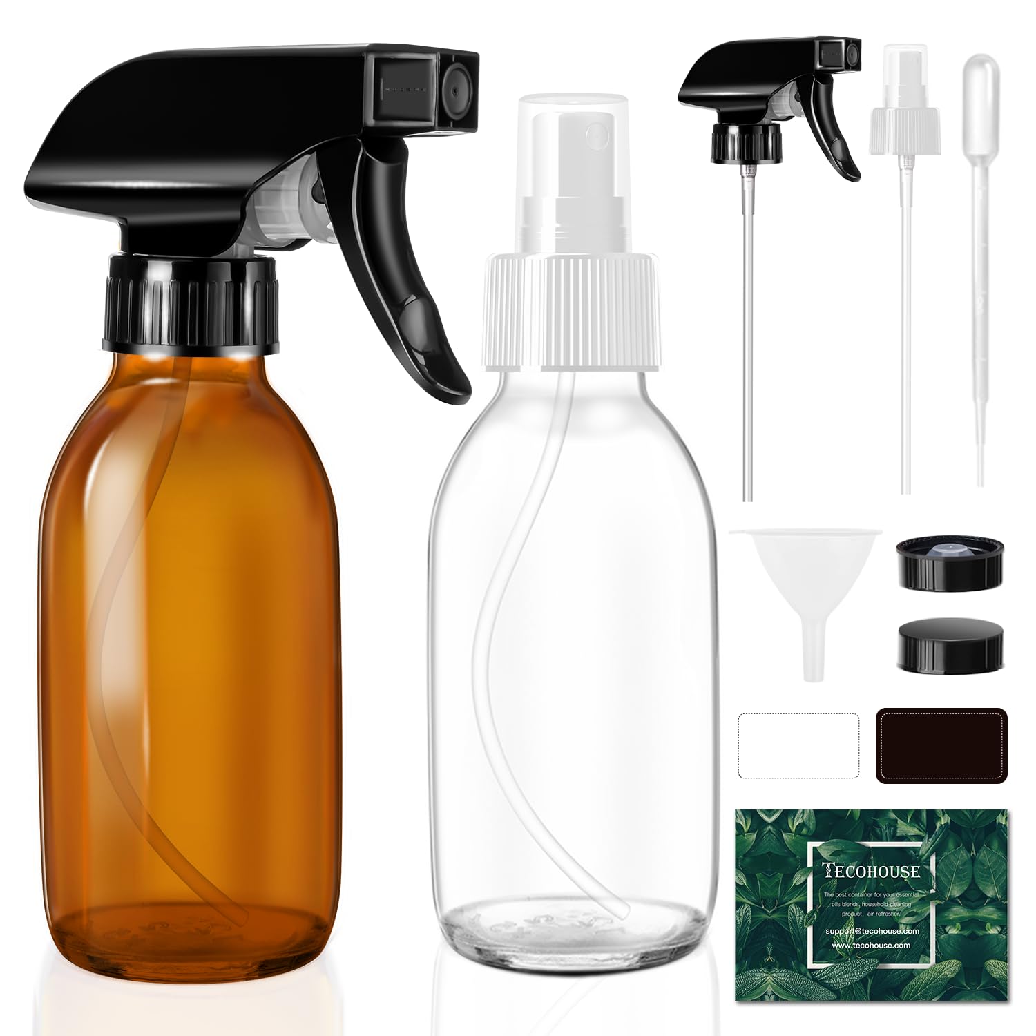 Tecohouse Small Glass Spray Bottles 4 oz for Essential Oils, Amber and Clear Refillable Fine Mist Sprayer Bottle with Labels, Funnel, Lids, Pipettes - Pocket Size 2 Pack