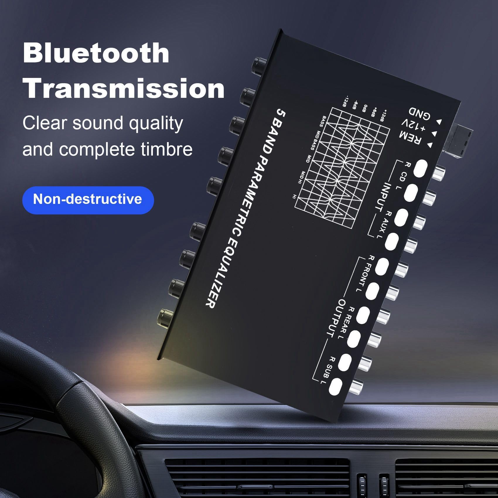 3X Ecualizador de Audio para Automóvil de 5 Bandas, Ecualizador Gráfico Ajustable para Amplificador de Automóvil EQ de 5 Bandas con Interruptor de Selección de Entrada CD/AUX,Negro