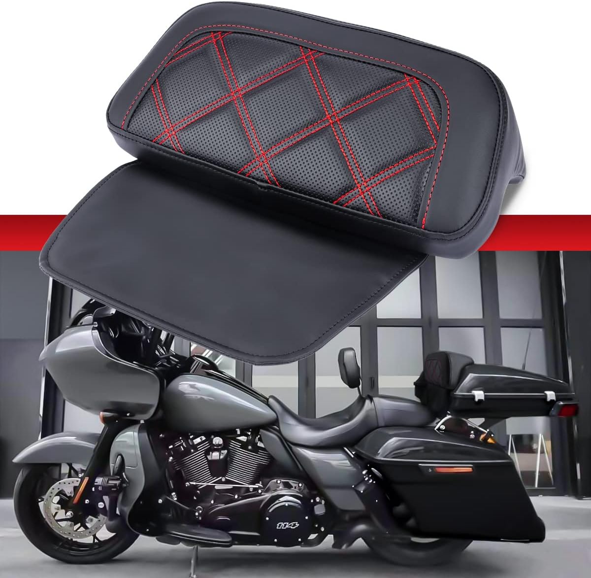 Razor Chopped Backrest Pad, Trunk Backrest Pad Rear Tour Pack Backrest Pad Compatible with Harley 2014-2023 Touring Street Glide Electra Glide Road Glide CVO (Red Stitching A)