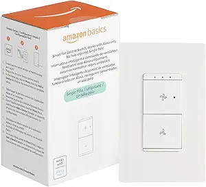 Amazon Basics Smart Ceiling Fan Control Switch, 4-Speed, Single Pole, Voice Control, Works with Alexa Only, Control from Anywhere, 2.4 GHz Wi-Fi, No Hub Required, White