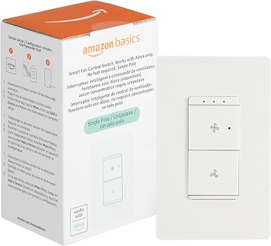 Amazon Basics Smart Ceiling Fan Control Switch, 4-Speed, Single Pole, Voice Control, Works with Alexa Only, Control from Anywhere, 2.4 GHz Wi-Fi, No Hub Required, White